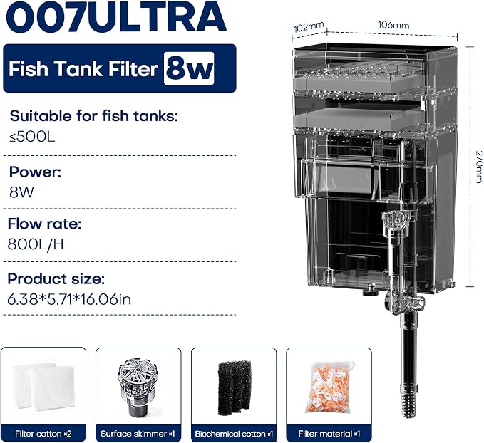 HOB Aquarium Filter, HOB Filter with Dual-Layer Dry-Wet Separation Box, 8W 800L/H 3-in-1 Ultra-Quiet for 500L Small Fish/Turtle Tank(XP-007 Ultra)