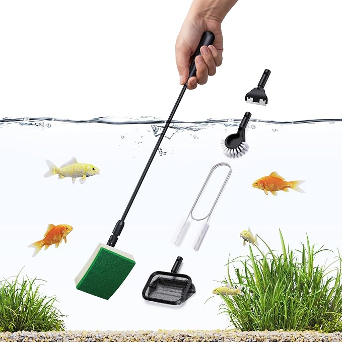 Aquarium Algae Scraper Small Fish Tank Cleaner for Glass Algae Scrubber Set | 5in1 Aquariums Cleaning kit with Seaweed Scraper, Flat Sponge, Fish Net, Clean Brush, Tube Brush for Freshwater turtle Tanks