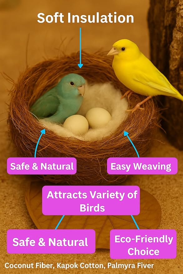 Natural Bird Nesting Material for Birds – 2.1 oz Blend of Coconut Fiber, Kapok Cotton,Palmyra Fiber – Safe Nesting Bedding for Wild Birds, Finches, Parrots, Hamsters, Small Pets