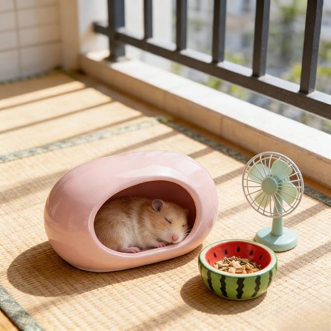 Ceramic Hamster Hideout Large Cool Summer Cute Guinea Pig Bed House for Dwarf Hamsters, Mices, Gerbils and Small Pets (Pink,M)