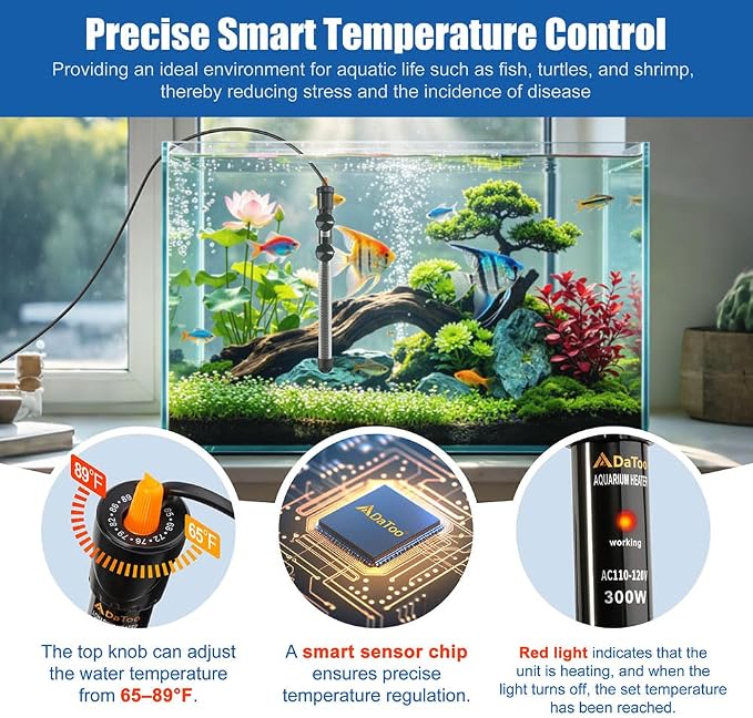 DaToo 300W Adjustable Knob Aquarium Heater Submersible Fish Tank Heater with Digital Thermometer for Saltwater and Freshwater Tanks