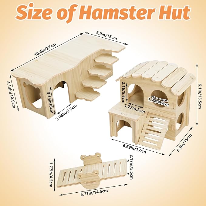 BNOSDM Hamster Tunnel Hideout Set, Wooden Hamster House Toy with Slide & Seesaw, Small Animals Cage Accessories for Syrian Dwarf Hamsters, Gerbils