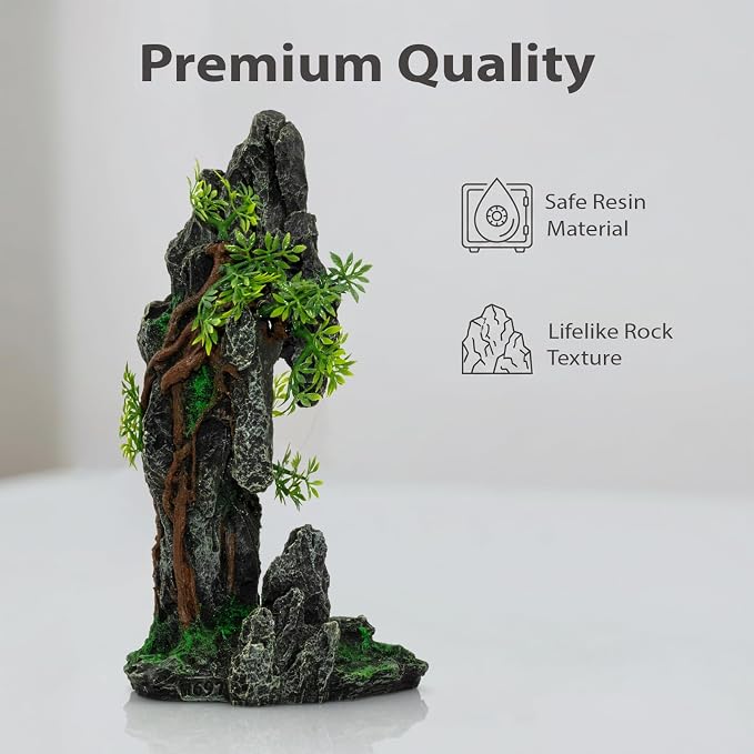 Aquarium Mountain View Stone Ornament, Large Resin Hideout Cave for Betta & Shrimp, Fish Tank Decor Rock Cave with Fish Cave and Hideouts (7.28" x 4.13" x 13.58")
