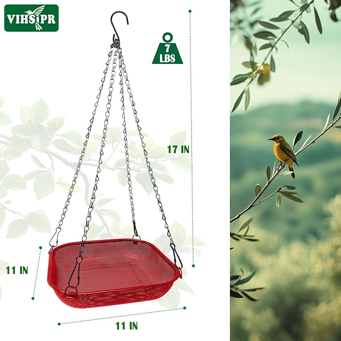 Hanging Bird Feeder for Outdoors – 11 in Square Metal Mesh Bird Feeder Tray Platform for Wild Birds, Red
