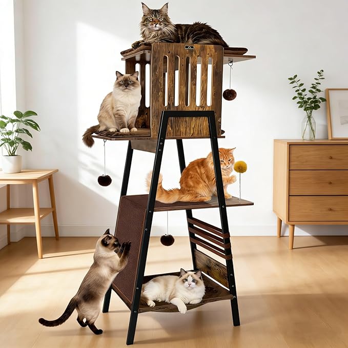 57 Inch Multi-Level Modern Cat Tree Tower with Hammock & Scratching Ramp - Wooden Heavy-Duty Cat Tower for Large Cats & Multi-Cat Households, Easy to Clean (Brown)