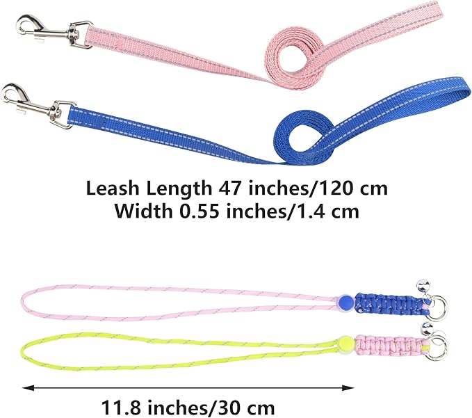2pcs Figure 8 Harness and Leash with Reflective Strap and Bell for Ferrets, Rabbits, Bearded Dragon, Guinea Pig, Chinchilla and Hamster Small Animal Harness (Blue+Pink)