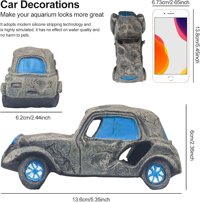 Virekm Resin Rock Cave Hideouts for Fish Tank Aquarium Decorations | Safe Natural Design Ornaments for Betta, Goldfish, Shrimp, Easy To Clean Aquarium Landscape Decor (car)