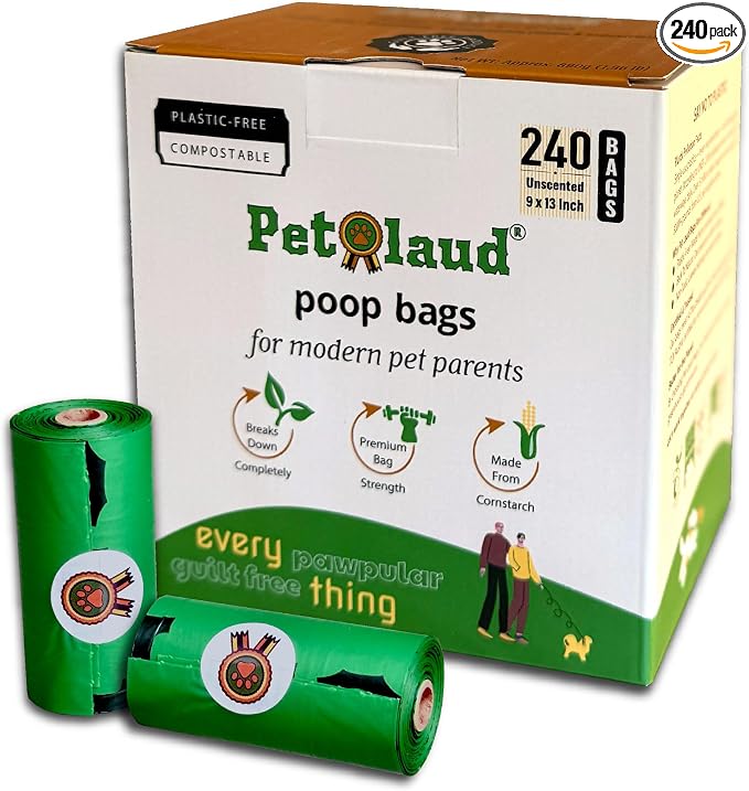 PetLaud Plastic-Free Compostable Dog Poop Bags Rolls — Extra Thick, Leakproof, ASTM D6400 Certified — 240 Bags