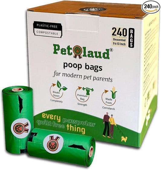 PetLaud Plastic-Free Compostable Dog Poop Bags Rolls — Extra Thick, Leakproof, ASTM D6400 Certified — 240 Bags