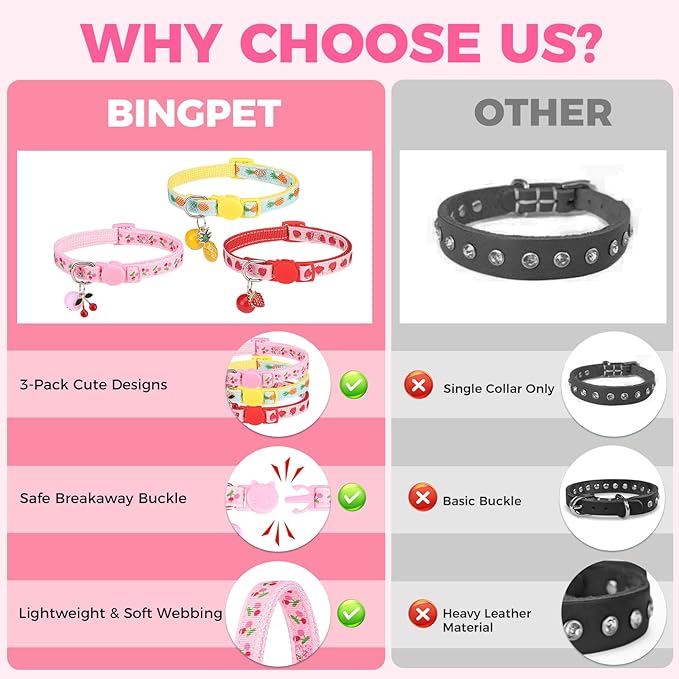 BINGPET Breakaway Cat Collar with Bell, 3 Pack Cat Collars for Girl Cats, Cute Kitty Collars Accessories with Pineapple & Cherry & Strawberry
