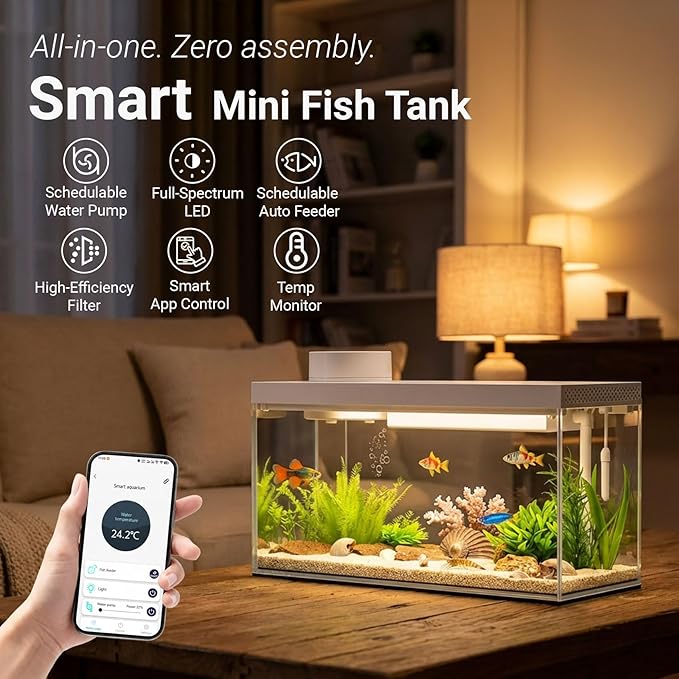 1.3 Gal Glass Desktop Fish Tank Kit with Bluetooth App Control - Automatic Feeder, RGB Lighting, Temperature Monitor & Self-Cleaning Filtration - Small Aquarium for Betta, Guppy, Shrimp