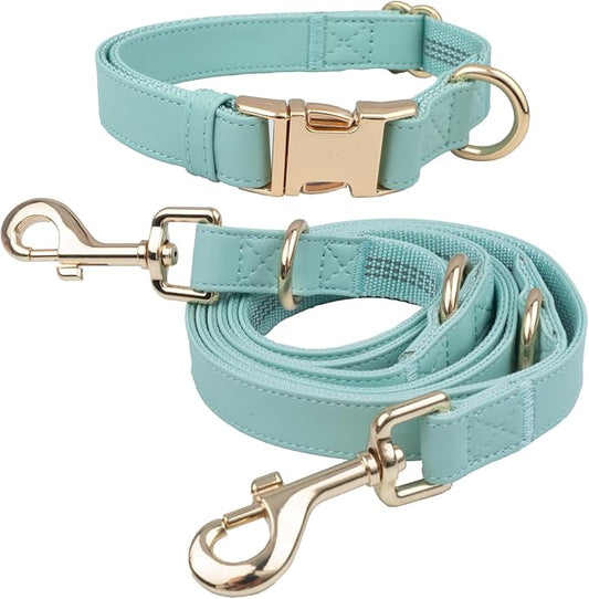 Leather Dog Collar and Leash Set 7FT Reflective at Night - Soft and Easy to Clean Vegan Leather with Gold Metal Buckle for Small Medium Large Dogs (S, Sea Green)