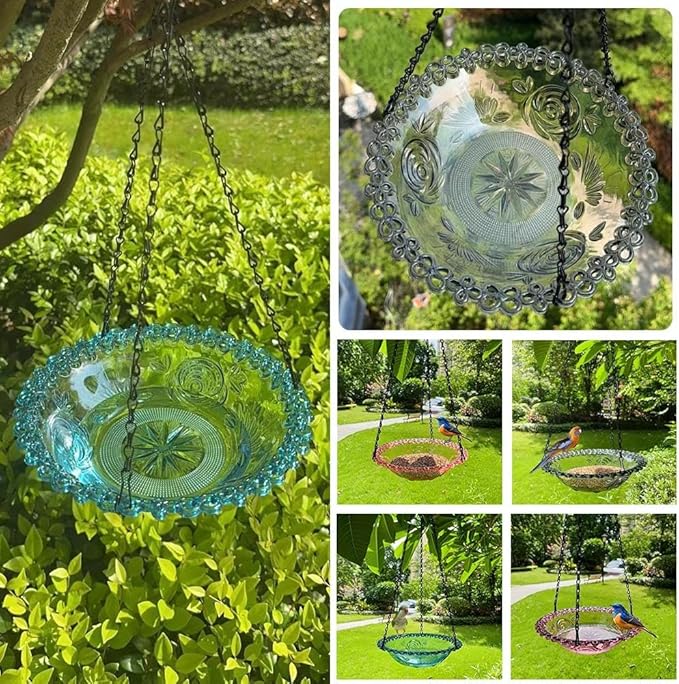 Hanging Blue Bird Bath & Feeder - Outdoor Bowl with Tray for Garden, Patio & Backyard Decor - Gift for Bird Lovers