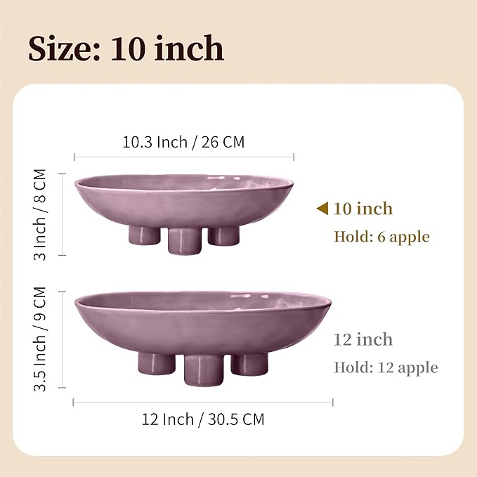 Three-Leg Ceramic Fruit Bowl, 10 Inch Oval Serving Dish for Kitchen Counter, Candy or Key Holder, Home Decor Accent Purple