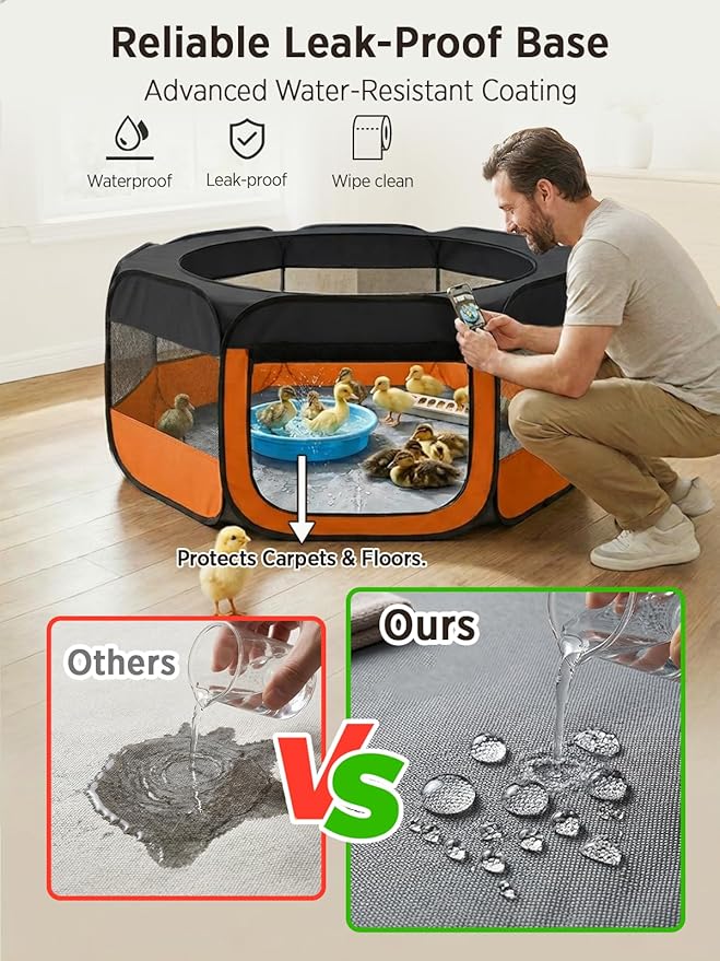 UWE Extra Large Small Animal Playpen, XL Portable Pet Playpen for Rabbit, Kitten, Guinea Pig, Hamster, Puppy – Waterproof Foldable Mesh Tent with Zipper Cover, Indoor Outdoor Use, Orange