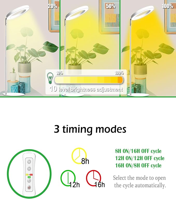 144 LEDs Full Spectrum Plant Grow Light for Indoor Plants，Height Adjustable, 6.3" Aluminum Housing,Automatic Timer with 8/12/16 Hours,10-Level Brightness,White Plant Light with Base,2Pack