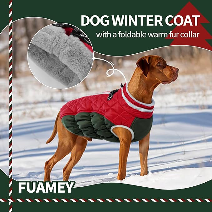 FUAMEY Dog Coat for Medium Dogs,Waterproof Dog Winter Jacket with Harness Built in Puppy Cold Weather Coats Reflective Pet Vest with Zipper Warm Fleece Dogs Snowsuit Windproof M