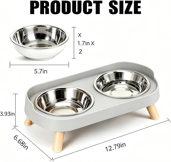 Elevated Cat Bowls, 2 Stainless Steel Raised Cat Food and Water Bowl Set, Splash Proof & Non-Slip, Whisker Fatigue Friendly, Dishwasher Safe for Cats and Small Dogs - Gray