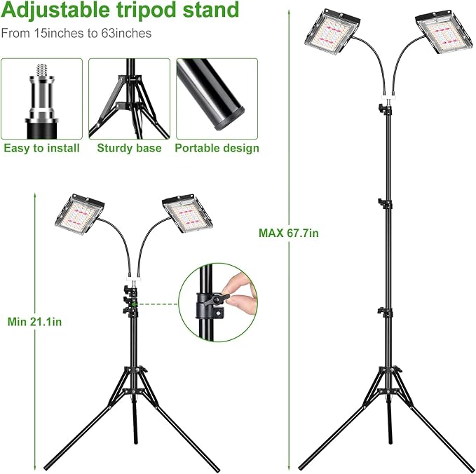 LBW Grow Light for Indoor Plants, Dual-Head Full Spectrum LED Plant Light | 3/6/12H Auto On/Off Timer, 6 Dimmable Levels, 3 Switch Modes, 15-63 inches Adjustable Tripod Stand, Ideal for Tall Plants