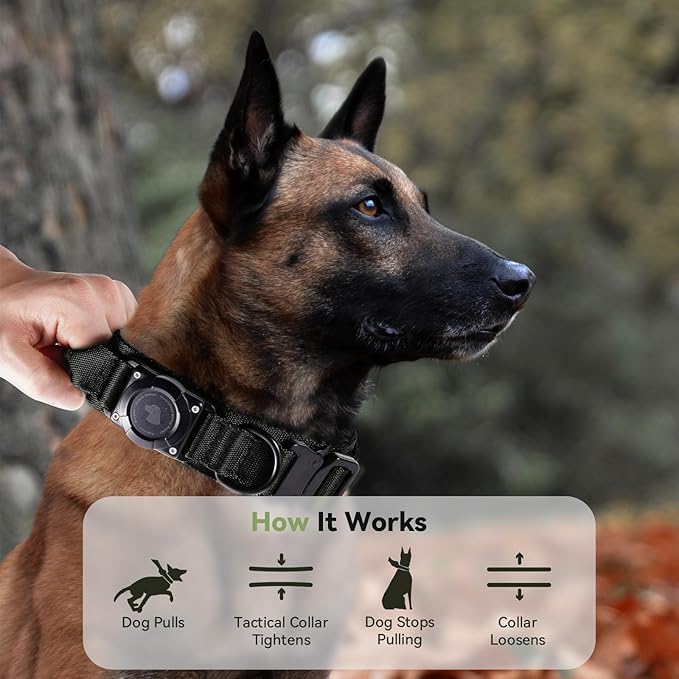 2026 Upgrade Waterproof AirTag Dog Collar, Military Tactical Dog Collar with AirTag Holder, Comfortable Control Handle and Metal Buckle, GPS Dog Collar Holder for Medium to Large Dogs (Black, XL)