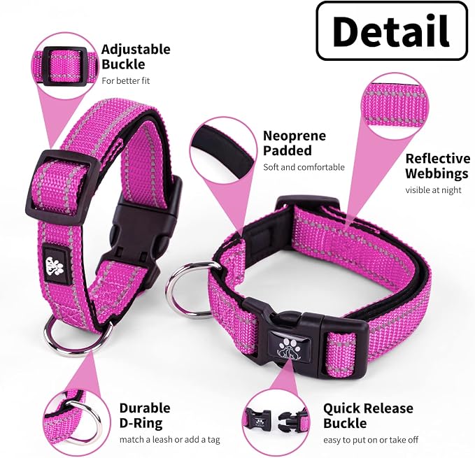 NESTROAD Dog Collar and Leash Set,Reflective Dog Collars with Quick Release Buckle,Adjustable Nylon Pet Collar for Small Medium Large Dogs(Medium,Fuchsia Pink)