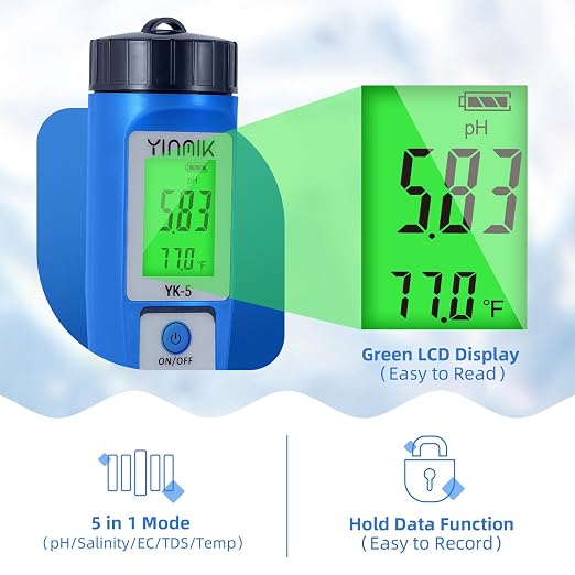 pH Salt Meter 5 in 1 pH TDS EC Salinity Tester for Pool Spa Aquarium | Swimming Pool Salinity Meter for Hydroponic Household Drinking Water Hot Tub Home Brewing Fish Tank…