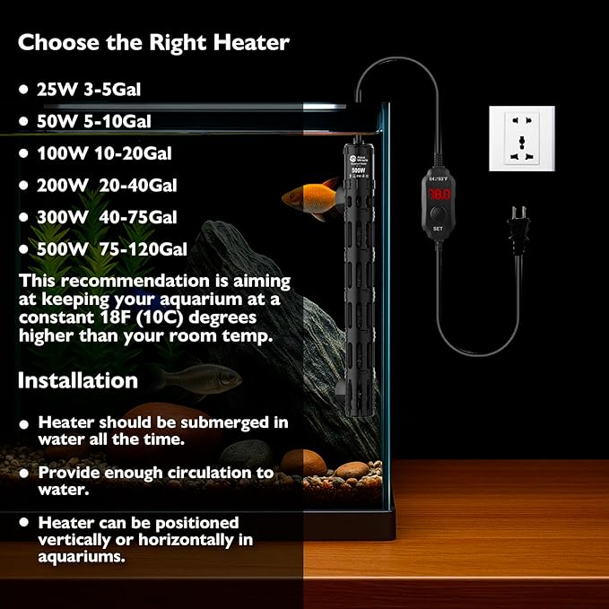 AquaMiracle Submersible Aquarium Heaters, 500W Fish Tank Heater with LED Digital Temp Display, Dry-Run Auto Power-Off & Overheat Protection, for Freshwater and Saltwater Tanks (75-120 Gal)