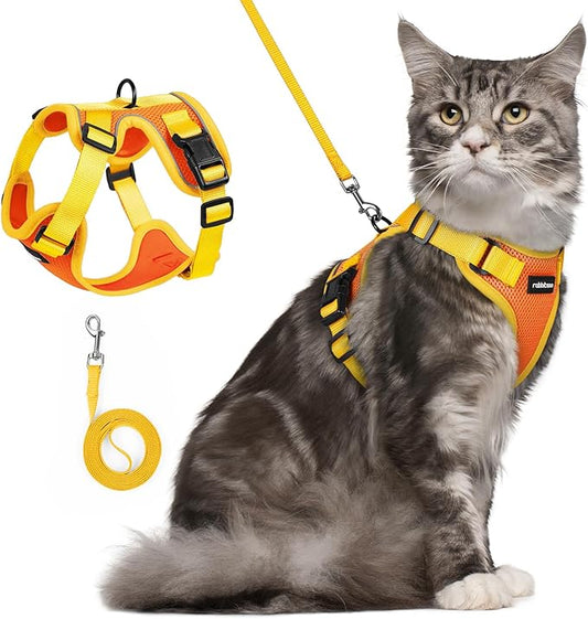 rabbitgoo Cat Harness and Leash Set, Escape Proof Soft Adjustable Vest Harnesses for Outdoor Walking, Easy Control Breathable Kitten Jacket with Reflective Strips, Orange & Yellow, M