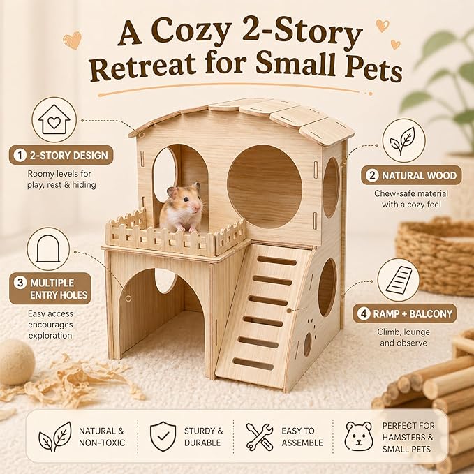 Large Guinea Pig Hideout Place, Double Layered Wooden Hamster House with ramp and Hamster Platform. Suitable for Hiding Places for Small Animals Such as Guinea Pigs, Hamsters, Rabbits, etc.