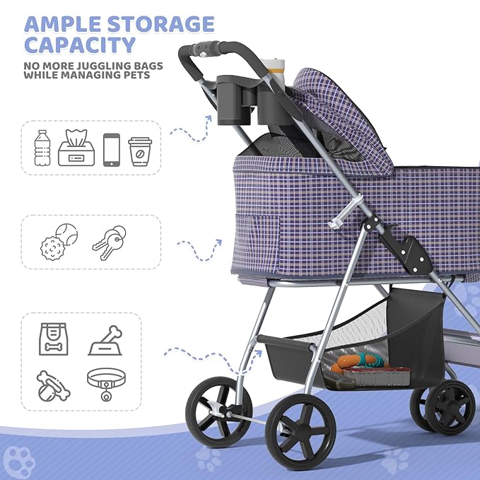 Magshion Foldable Pet Stroller, 3-in-1 Dog Travel Jogger with Detachable Carrier, Cup Holder, Storage Basket, Folding Carrier for Small/Medium Dogs & Cats Up to 33 lbs, Plaid