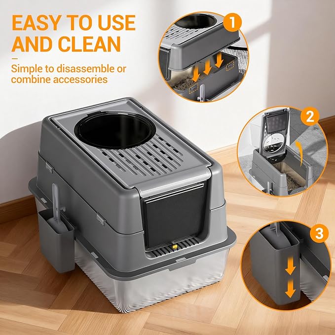 Stainless Steel Cat Litter Box with Lid - Enclosed Covered Metal Kitty Litter Box Enclosure with 180° Flip-Top, Leak-Proof High Sided Cat Box & Scooper, Easy to Clean, Odor Control, for All Cat Sizes