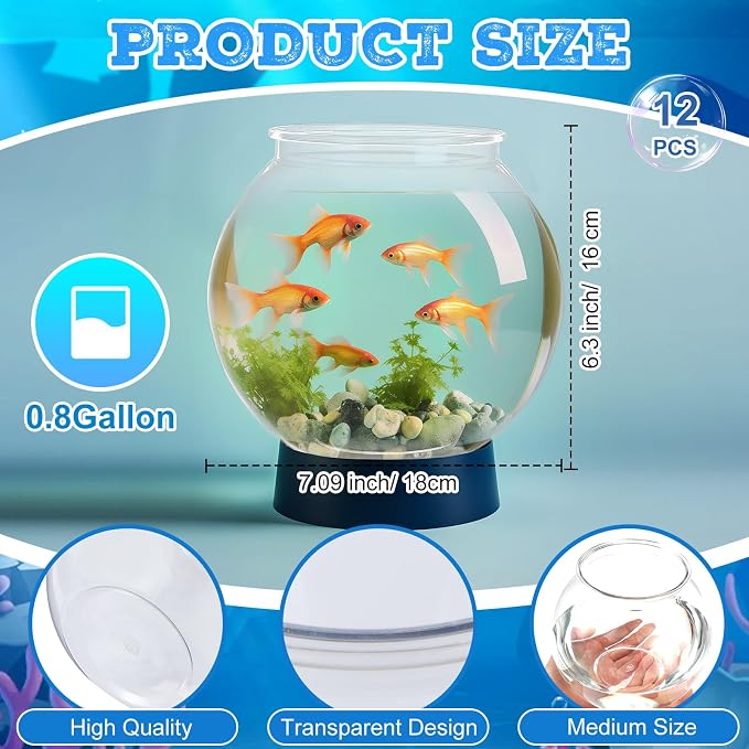 12 Pcs Fish Bowl Plastic Fish Tank Clear 100 oz Goldfish Bowl Multipurpose Round Desktop Aquarium Transparent for Home Office Goldfish Turtle Candy Party Favors, 7.09 x 6.3 Inch