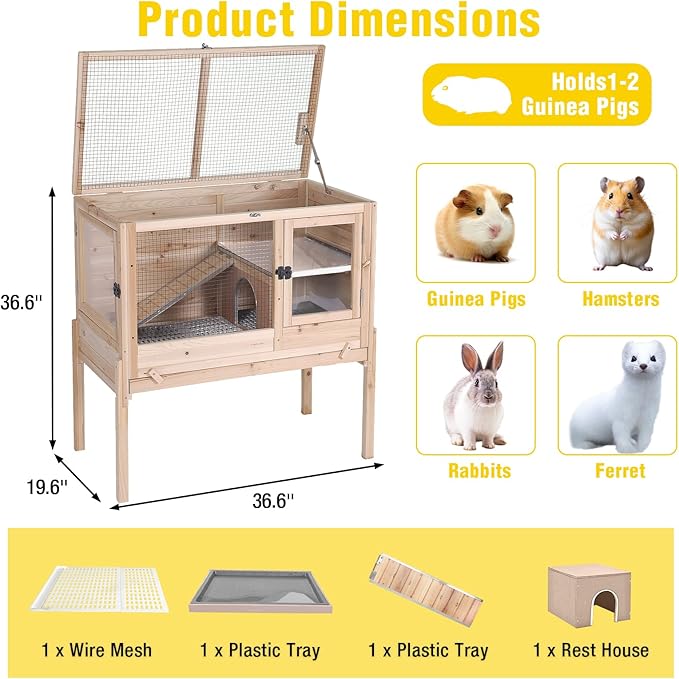 Aivituvin 2-Story Indoor Rabbit Hutch Guinea Pig Cage with Stand, Wooden Bunny Cage Small Animal Cages with Chew-Proof Ramp, Pull-Out Tray & Leakproof PVC Layer (Natural Wood)
