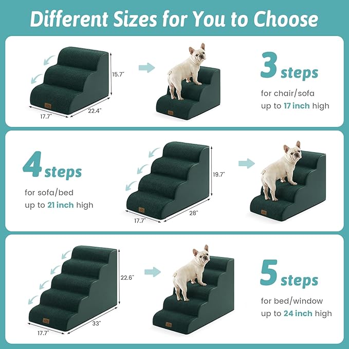 COZY KISS Wide Dog Stairs for Small Dog 22.6" H, Curved Pet Step for Puppy, Older Cat, Curved Ramp for High Bed or Car, Ladder with High Density Foam, Durable, 5 Step, 17.7x33x22.6 inch, Dark Green