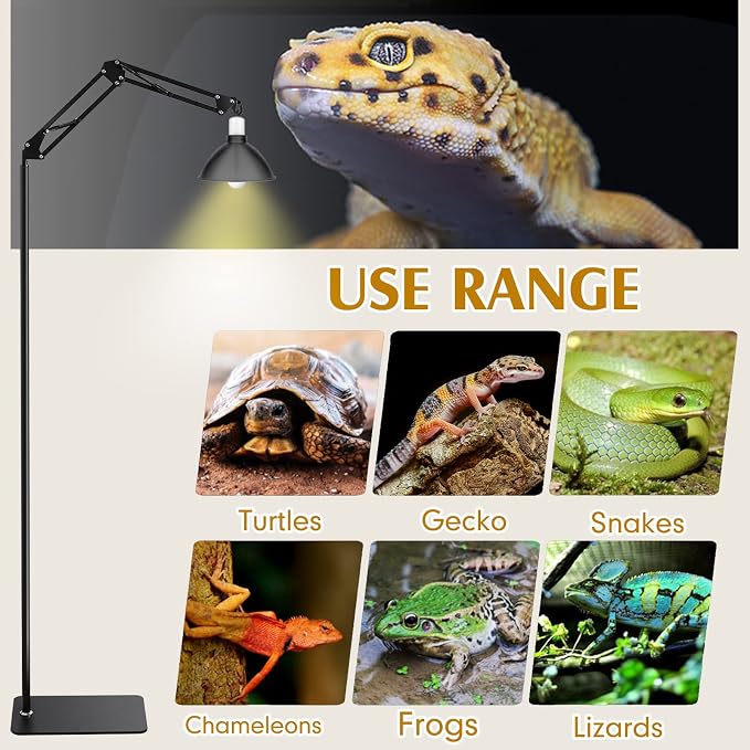Queekay Reptile Heat LAMP Stand, Black Metal, Adjustable Height and Width, 5 Hanging Hooks, for Terrarium, Aquarium, Incubator, Cages, Suitable for Reptiles, Amphibians, Small Animals