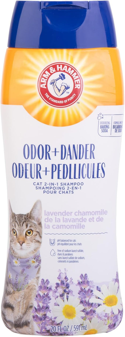 Arm & Hammer 2-in-1 Deodorizing & Dander Reducing Shampoo for Cats, Baking Soda Cat Shampoo for Dander, Odor Control and Coat Cleaning, Lavender Chamomile Scent, 20 Fl Oz