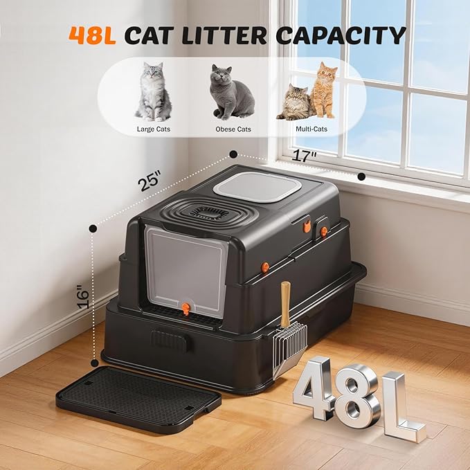 Stainless Steel Litter Box with Lid: XL Extra Large Cat Litter Box for Big Cats, Enclosed Kitty Litter Boxes with Drawer, High Sided Metal Cat Box with Scoop, Front & Top Entry, Odor Free, Non-Stick