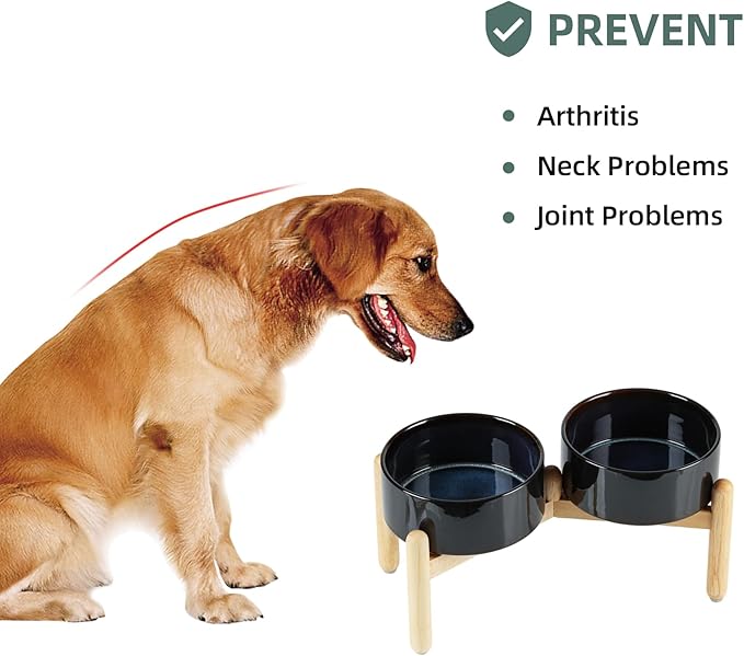 Havniva Ceramic 7.3inch Raised Double Bowls Set with Wooden Stand, Food & Water Bowls for Medium Breed Dogs, Weighted Dog Dishes, Pet Feeder(Starry Sky)