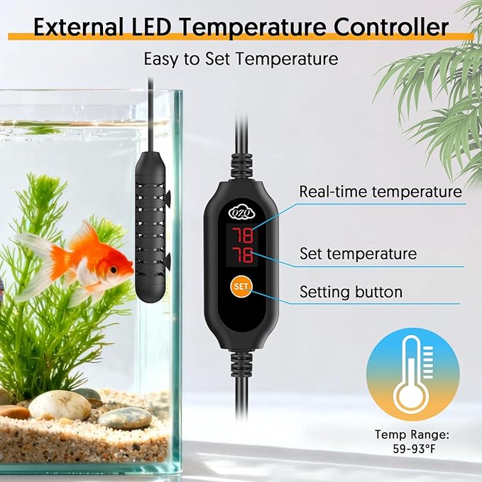 QZQ Aquarium Heater, 25W Adjustable Fish Tank Heater with Digital Display, External Temperature Controller, Submersible Turtle Tank Heater for 3-5 Gallon Tanks