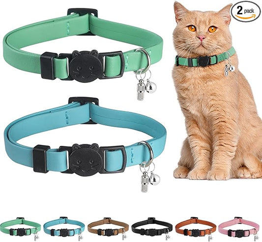 Upgrade Breakaway Cat Collar with Bells, Soft Leather Kitten Collars with Name Tag,Safety Adjustable Buckle,Lightweight,Ideal for Girl Boy Cats, Green+Blue