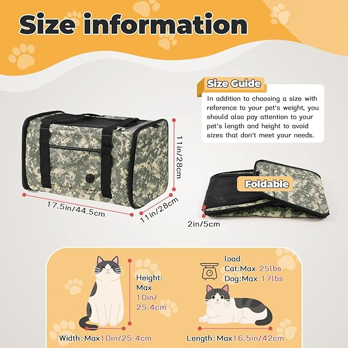Cat Carrier Soft 25lbs Two Loading Pet Carriers Portable Small Dog Puppy Airline Approved Carrier with Side Pockets Foldable Portable for Outdoor Car Digital Camouflage