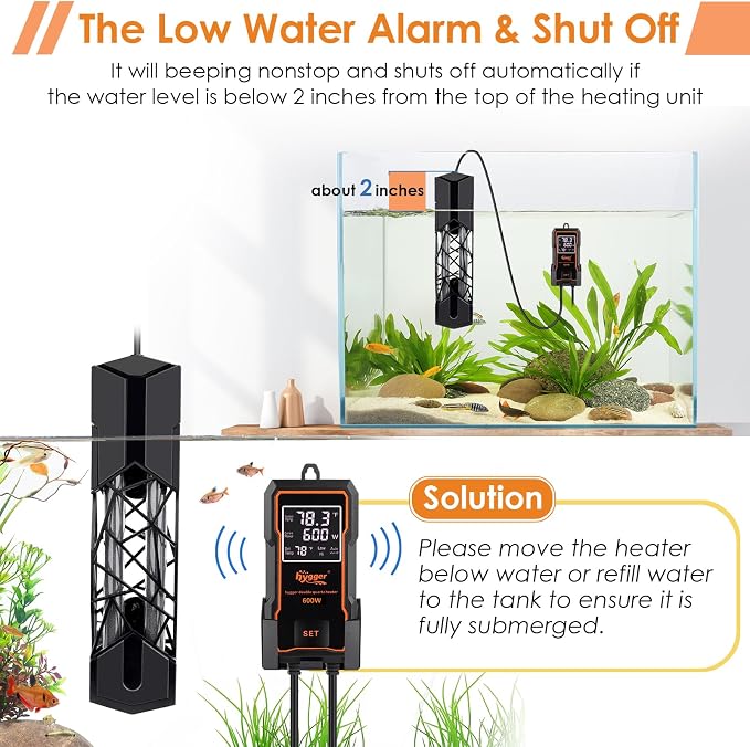hygger Submersible Aquarium Heater More Efficient Fish Tank Heater with Adjustable Temperature Control, Auto Off & Overheat Protection for Saltwater Freshwater (600W)