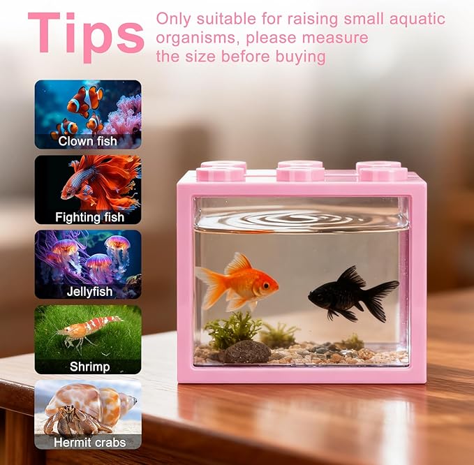 2 PCS Small Betta Fish Tank, 0.6 Gallon Mini Aquarium Tank, Pink Cube Fish Bowl, Desktop Stackable Tank for Small Fish, Insect, Shrimp, Turtle, Spider