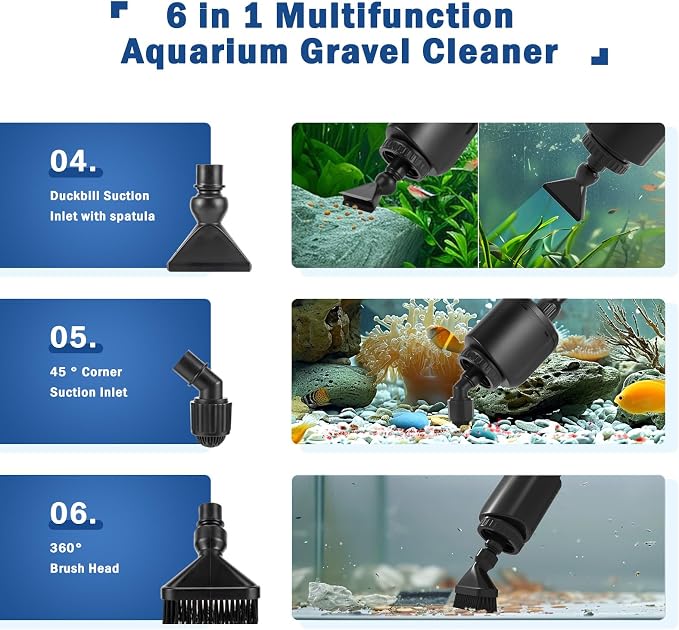 AQQA Electric Aquarium Vacuum Gravel Cleaner, 6 in 1 Fish Tank Vacuum | Automatic Cleaning Tools Kit Water Changer, Multifunction Wash Sand Filter Water Circulation 20W 320GPH 110V