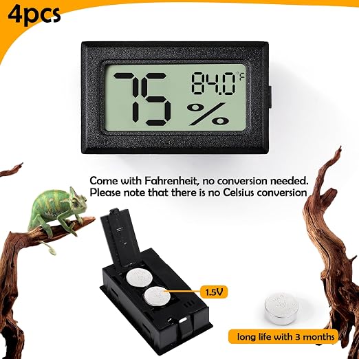 4 PCS Rectangle Reptile Thermometer and Humidity Gauge for Bearded Dragon Accessories, Reptile Tank Accessories for Jumping Spider, Leopard Gecko, Hermit Crab, Gecko, Ball Python, Lizard