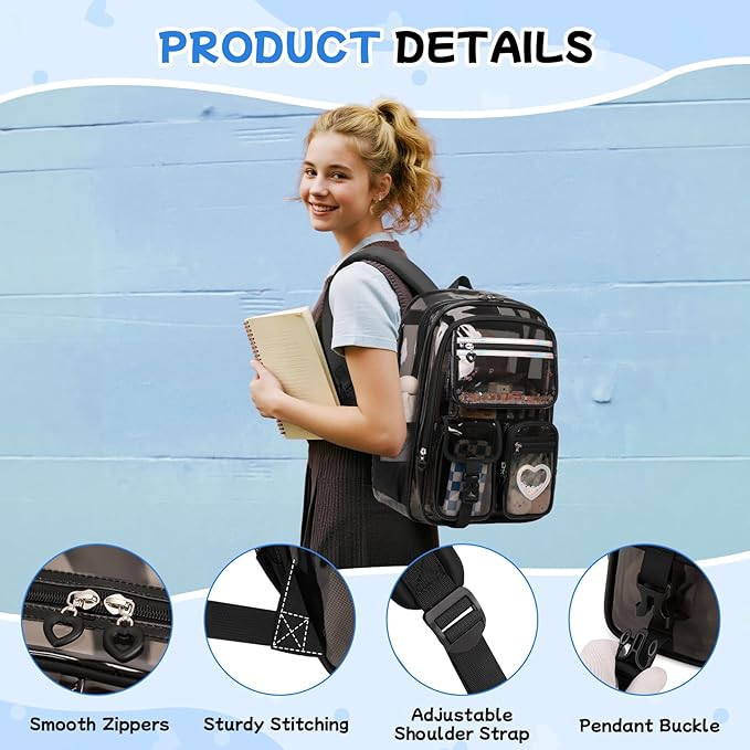 MOONBABY Clear Backpack for Girls, Clear Bookbag Heavy Duty Transparent Backpack for Stadium Events, See Through Back Pack for Kindergarten Elementary Middle High School, Semi Black