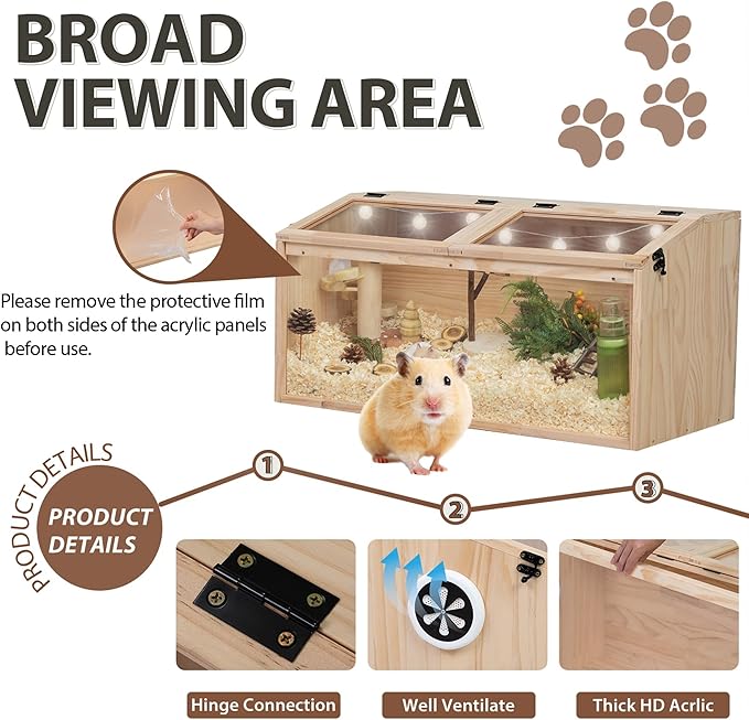 COZIWOW Wooden Hamster Cage, Large Hamster Habitats Enclosure with Acrylic Window & Openable Top, (32" L x 16" W x 16" H) Small Animal Cage for Guinea Pig, Chinchilla, Gerbil