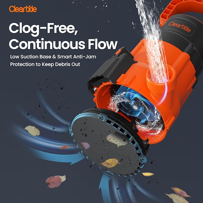 Cleartide 1/3 HP Submersible Utility Pump, 2790 GPH High Flow, Thermoplastic Portable Sump Pump with Auto Water Sensor, Ideal for Flooded Basement & Yard, Hot Tub, Pond & Garden Draining, 10 FT Cord