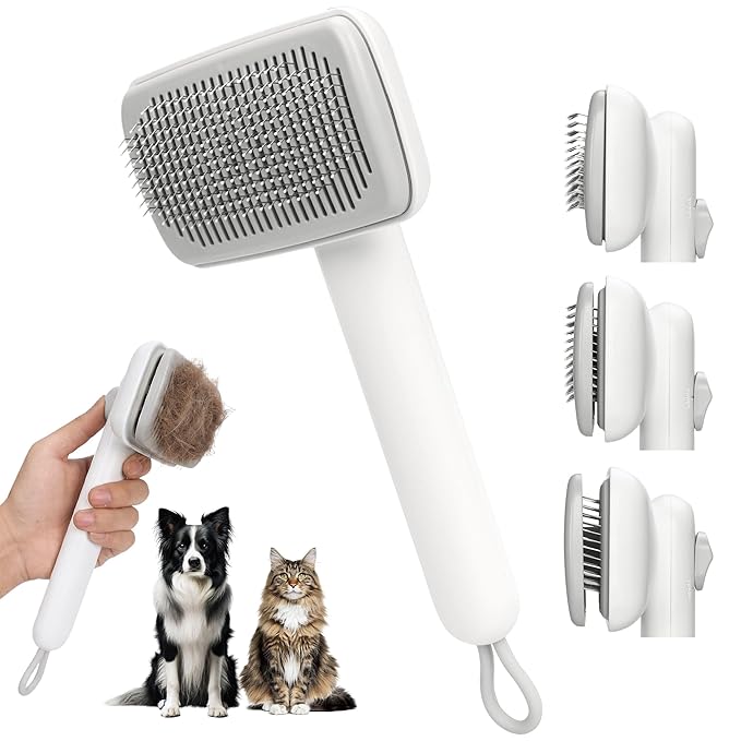 Self Cleaning Slicker Brush - Skin Friendly Pet Shedding Brush for Cats, Puppies, Long & Short Hair, Painless Deshedding & Massaging Tool(White)