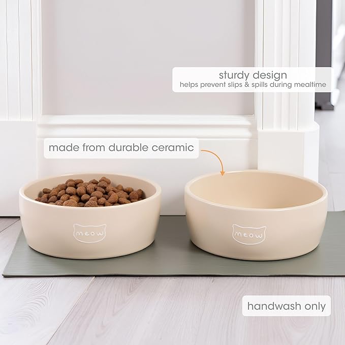 Pearhead Ceramic Cat Bowl – Neutral Taupe “Meow” Design, Holds 12 oz, Stoneware Pet Dish, Whisker-Friendly Pet Feeding, Non-Skid